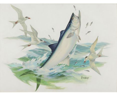 Fred Sweney (American, 1912-1996). Oil on board painting titled "King Mackeral" depicting a leaping fish surrounded by smalle