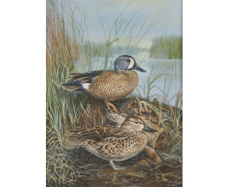 Jim Foote (American, 1925-2004). Oil on board painting depicting a pair of blue-winged teal ducks standing on the banks of a 