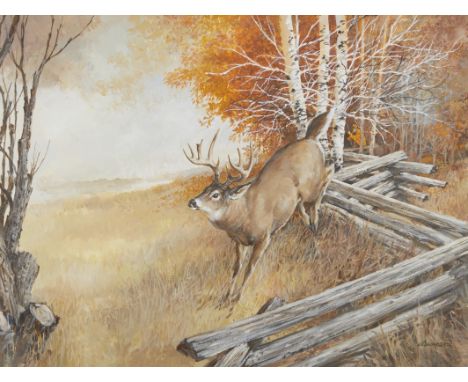Richard Amundsen (American, 1928-1998). Acrylic on canvas painting depicting a buck jumping over a a split-rail fence. Signed