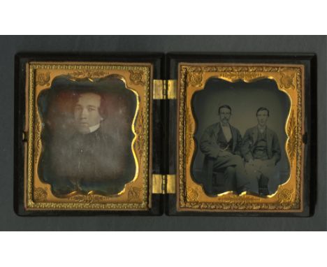 Pair of Daguerreotype portrait photographs: one depicting a seated pair of men and the other depicting a portrait of a single