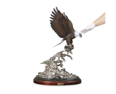 Barry Stein (American, 20th/21st c). Cast bronze sculpture titled "Evening Catch" depicting a bald eagle clutching a fish plu