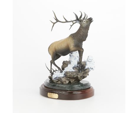 Barry Stein (American, 20th/21st c). Cast bronze sculpture titled "Call of the Wild" in the form of an elk climbing a rocky o