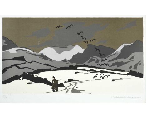 Sir Kyffin Williams OBE, RA (1918-2006) Welsh"Pontllyfni in Snow"Signed and numbered 39/150, lithograph, 48cm by 76.5cm
