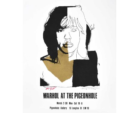 After Andy Warhol (1928-1987) AmericanMick JaggerLithographic exhibition poster for "Warhol at the Pigeonhole", 63.5cm by 52c