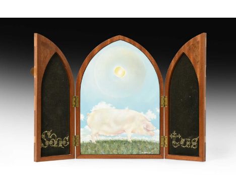Kit Williams (b.1946) "Sanctus"Signed and dated (19)74, oil on board, in a folding marquetry frame with velvet and embroidery
