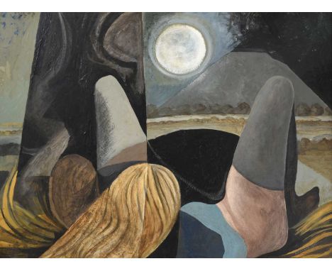 Reginald James Lloyd (1926-2020)"Two Figures Sillbury Hill"Signed and dated 1971, inscribed verso, oil on board, 90cm by 121c