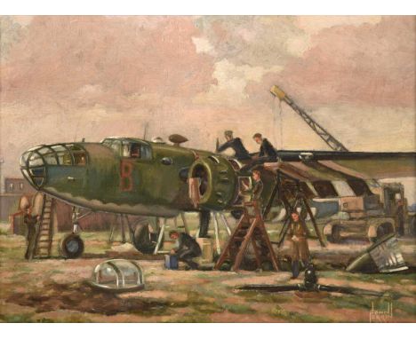 John Perrin (20th century) Mechanics working on a North American B-25 Mitchell aircraft at an airfieldMechanics working on a 