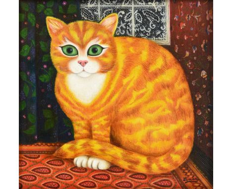 Martin Leman RBA, RWS (b,1934)  "Cat with Green Eyes" Signed, inscribed to label verso and dated (19)74, oil on board, 26.5cm