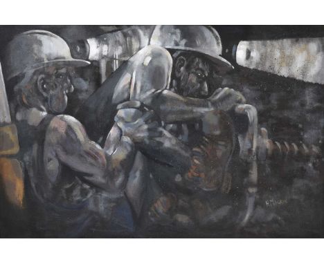 Harry Malkin (b.1951)"The Struggle"Signed, inscribed verso, acrylic on board, 60cm by 91cm Castleford born Harry Malkin took 
