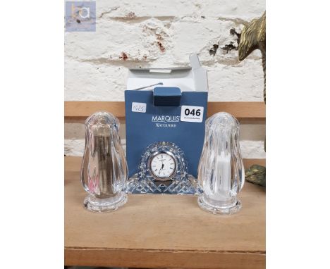 WATERFORD CRYSTAL CONDIMENT SET AND SMALL MANTLE CLOCK 
