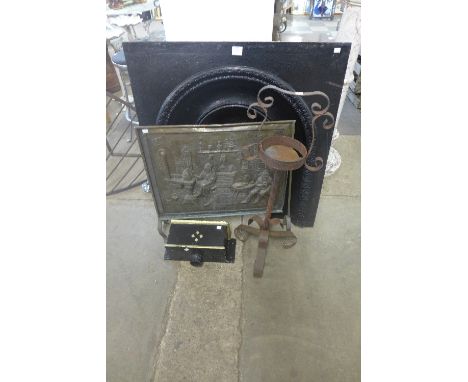 A Victorian cast iron fire surround, brass fire screen, wrought iron plant stand and a cast iron drain hopper