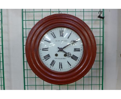 A 19th Century French painted pine circular wall clock, the dial signed Ouby-Julien Chateaudun