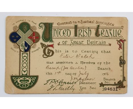 UNITED IRISH LEAGUE MEMBERSHIP CARD DATE 1ST JULY 1916 REF TO JOE DEVLIN 