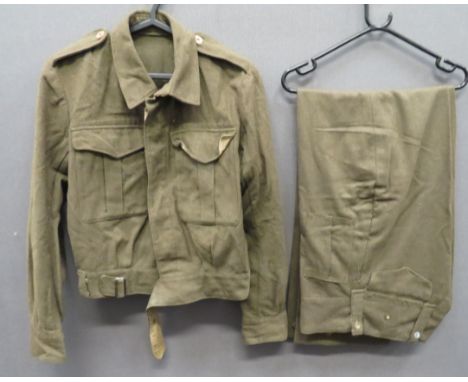 WW2 Australian Battledress Jacket And Trouserskhaki green woollen, single breasted, closed collar, short jacket.  Lower exten