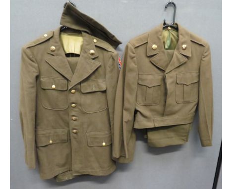 Two WW2 Pattern American Uniformsconsisting khaki, OR's service dress, open collar tunic.  Patch chest pockets and lower hidd