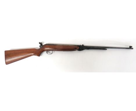 Webley Mark 3 Air Rifle.22, 19 inch, blued fixed barrel.  Front hooded sight.  Rear, adjustable V sight.  Lower cocking lever
