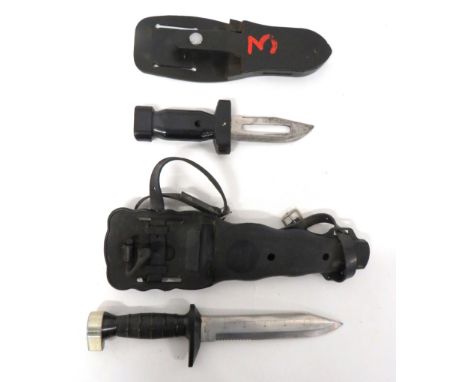 2 x Post War Diving Knivesconsisting a "Typhoon" example.  7 1/4 inch blade.  Rubber crossguard and grip.  Plated pommel.  Co