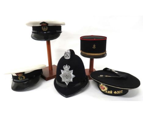 Five Various Police And Naval Hatsconsisting post 1953 Thames Valley Police helmet.  Top comb with chrome plated, front mount
