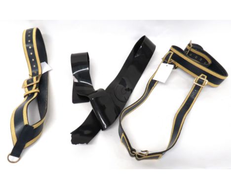 Three Current Manufacture Various Beltsconsisting blue leather with gilt braid edging, RAF drum sling ... Similar belt and sl