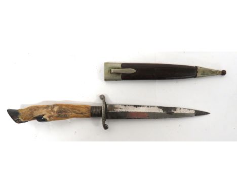 Imperial German Period Stag Foot Combat Knife6 inch, double edged blade.  Plated steel, S shape crossguard.  Steel ferrule.  