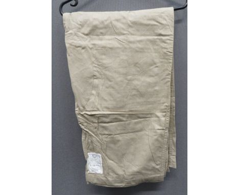 WW2 Dated Khaki Over Trousers light khaki cotton, wide leg, over trousers.  Front of left leg with large patch pocket and but