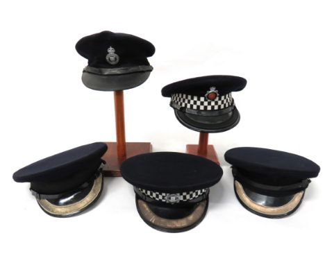 Five Various Police Officer Capsconsisting pre 1952 Women Police Officer's cap .  Chrome KC Essex Constabulary badge ... Insp