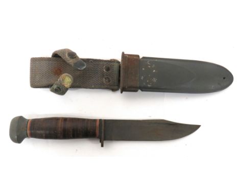 American US Navy MKI Utility/Fighting Knife5 inch, parkerised, single edge, clipped point blade.  Forte marked "RH35. PAL" an