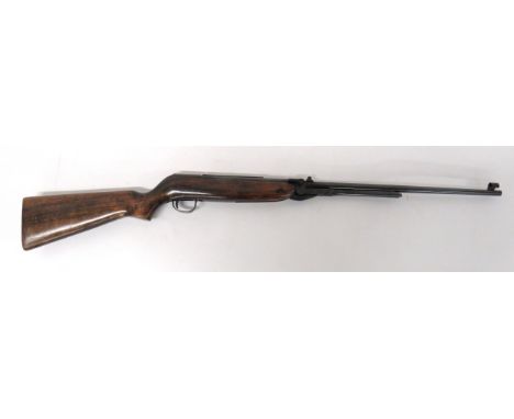 Webley Mark 3 Air Rifle.22, 18 3/4 inch, blued fixed barrel.  Front hooded sight.  Rear, adjustable V sight.  Lower cocking l