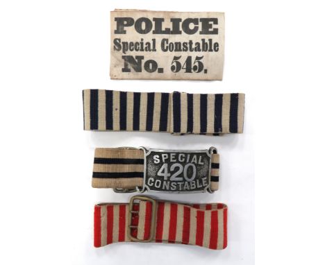 Four Special Constable Police Armbandsconsisting printed linen "Police Special Constable No 545" armband ... Alloy "Special C