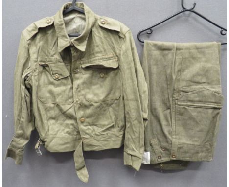 WW2 Pattern Denim Working Battledress Jacket And Trousers green denim, single breasted, closed collar, short jacket. &nbsp;Lo