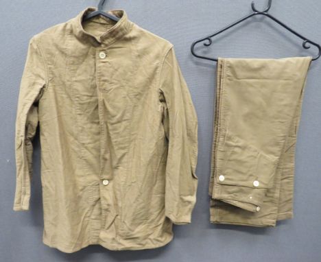 WW2 Royal Ordnance Factory Jacket And Trouserskhaki tan cotton, single breasted tunic with low collar.  The front with stitch