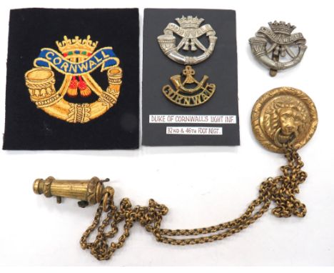 5 x Cornwall Light Infantry Itemsconsisting cross belt strap, gilt whistle, holder, chains and lion mask mount.  Screw post f