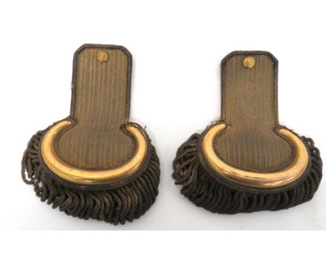 Pair Of 46th South Devon Box Pattern Epaulettes gilt braid straps with bullion wire edging.  Lower gilt crescent.  Hanging, t