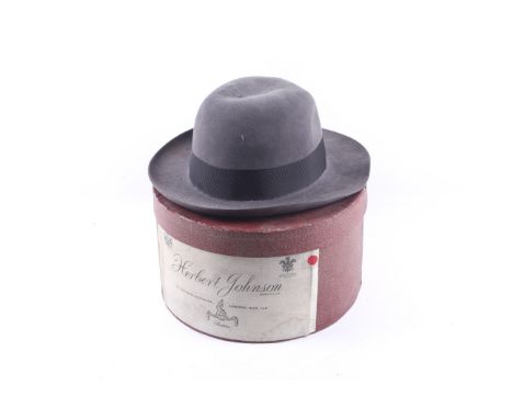 A Herbert Johnson lady's vintage grey fine fur felt hat. With ribbon decoration, lined in cream satin with a brown leather in