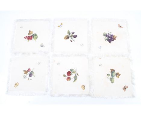 A set of six vintage napkins. Of a cream silk blend with fringe, each hand painted with scenes of fruit, flowers and plants, 