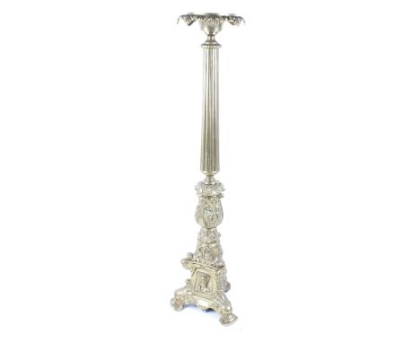 Continental brass table lamp base. With triform base on scroll feet, winged cherubs, masks of the Jesus, Mary and St. Peter. 