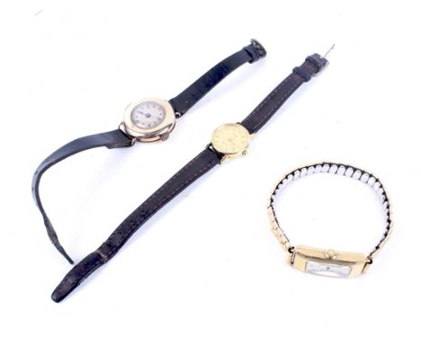 Three lady's 9ct gold cased wristwatches. comprising; a including a J W Benson rectangular example with hallmarks fort Birmin