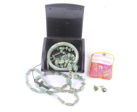 A Japanese/Chinese jewellery box with various jade stone jewellery including cross, necklace, earrings, bangle