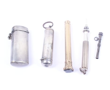 Two silver cigarette holder cases and three propelling pencils. One case marked 'Asprey London', London 1915; one engine turn