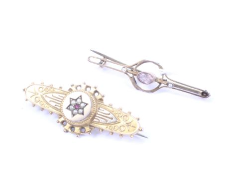 Two gold brooches. Comprising a 9ct gold, half-pearl and red stone cluster bar brooch, base metal pin, approx 44mm wide overa