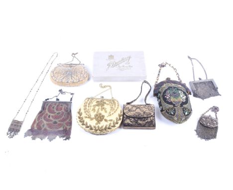 A collection of 19th and 20th century vintage handbags. Comprising a boxed pink velvet Duvelleroy purse with beaded decoratio