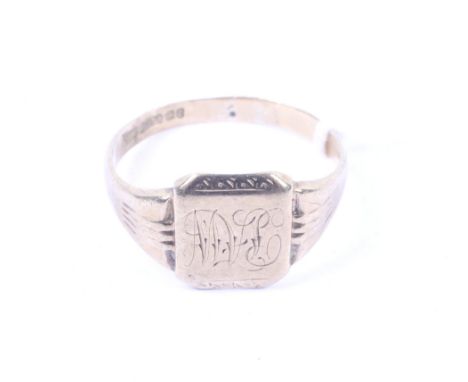A vintage 9ct gold square signet ring.THe head engraved with script initials, between tapering shoulders on a flat-section sh