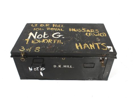 A vintage metal trunk and contents. With twin handles and marked 'D.R. Hill', H37cm x W91cm x D56cm, containing a quantity of