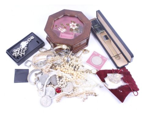 A collection of miscellaneous costume jewellery. Including a 'Guernsey Pearl', various lady's watches and other items