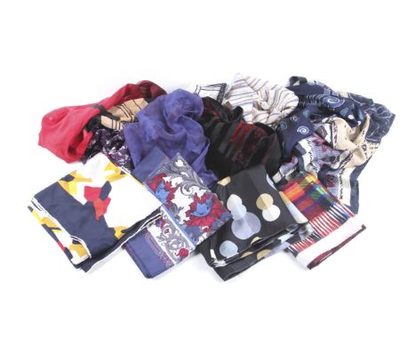 A collection of vintage scarves. Including an Elvi scarf featuring blue scrolls on a navy ground, 33.5cm x 150cm, an Eastex I