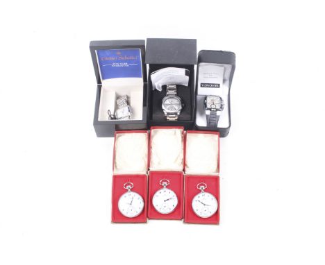 Three pocket watches and three dress watches. Comprising a gentleman's boxed U.S. Polo Association bracelet watch, a gentlema