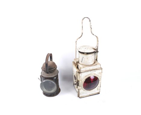 Two vintage  BR (W) railway lamps. Including a Bladon signal lamp and a tail lamp, both with burners. Max H34cm (without hand