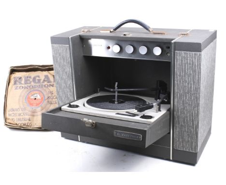 A mid-century Monarch Elizabethan portable record player. Model P20G with detachable speakers and box of 78s records. L55cm x