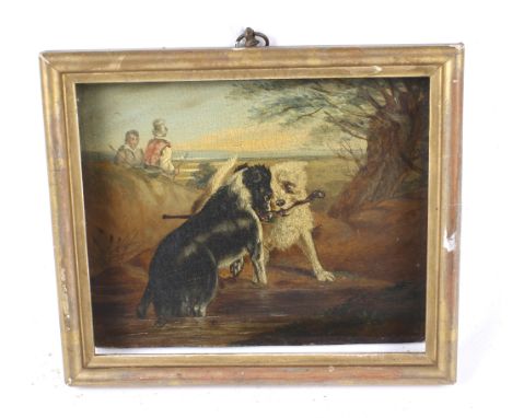 Small oil on board. Depicting two dogs 'who's to have the stick', framed, 15cm x 12.5cm