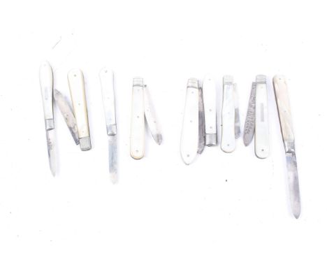 Ten Victorian and later silver and mother of pearl handled pocket folding fruit knives. Each plain mother of pearl handle wit